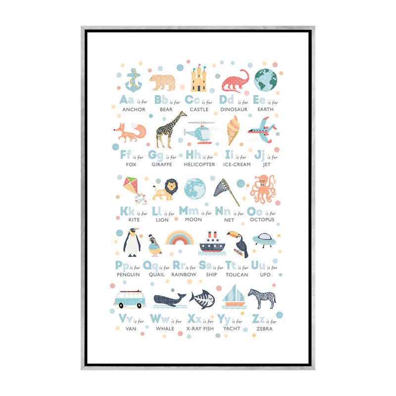 Garçons illustrés - Alphabet - impression, Aucun mat, H 60 po x l 40po x P 1,5 po, Toile encadrée argentée