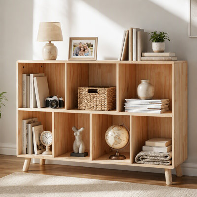 Solid Pine Wood 7-Compartment Storage Cabinet, 45.5"L X 29.1"H Fixed Shelves Organizer For Books/Toys/Home Décor, Modern Wooden Shelf ,Multi-Compartment Cabinet For Home/Office