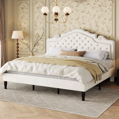 Antonious Velvet Tufted Crown-Shaped Headboard Platform Bed，3-Level Adjustable Height ,No Box Spring Needed,Underbed Storage,King Size,White