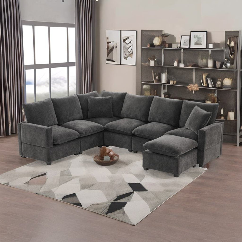 110*84" Modern U Shape Modular Sofa,white, Black Chenille