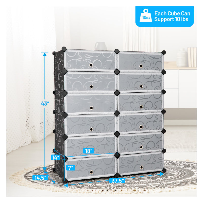 12-Cube DIY Portable Plastic Shoe Rack with 6-Tier Transparent Doors