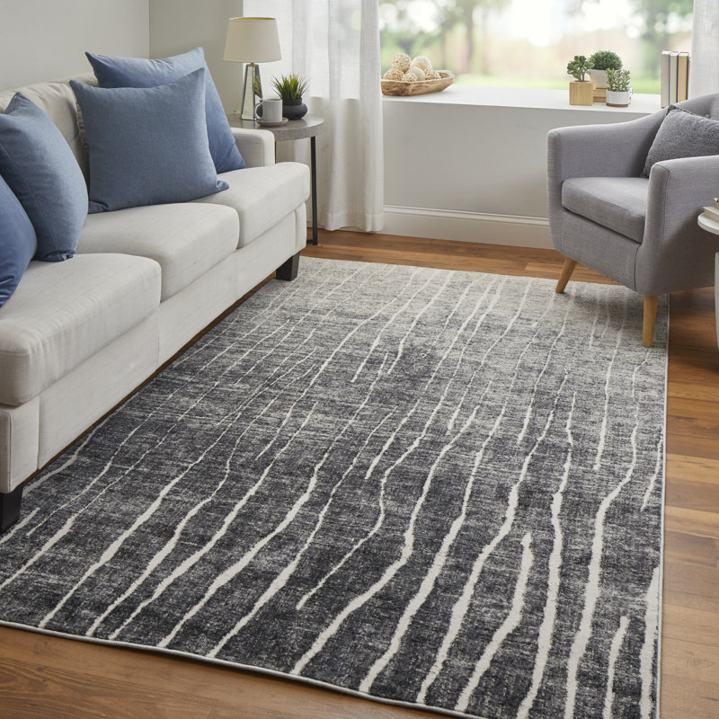 Tapis abstrait noir / gris / ivoire Rohon de style transitionnel de 7 pi 10 po x 11 pi, Rectangle 6 pi 7 po x 9 pi 6 po