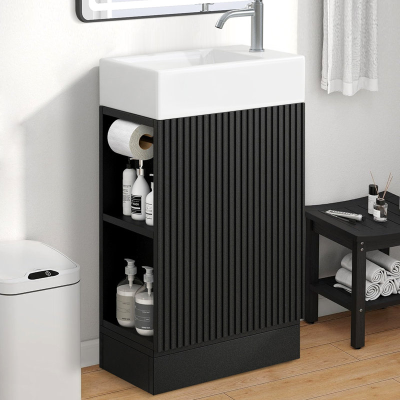 Meuble-lavabo de salle de bain avec lavabo en céramique, orienté vers la gauche ou vers la droite, Noir