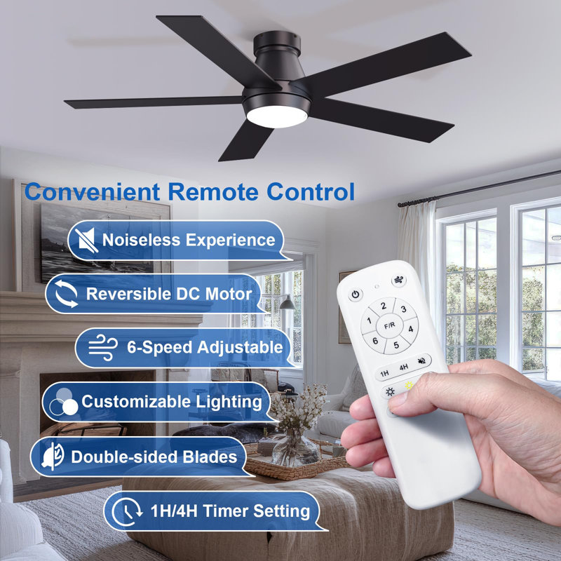 Ventilateur de plafond de 52 po avec lumières, ventilateurs de plafond encastrés noirs avec télécommande, ventilateurs de plafond à profil bas réversible à intensité variable à 6 vitesses DC, pour la chambre à coucher