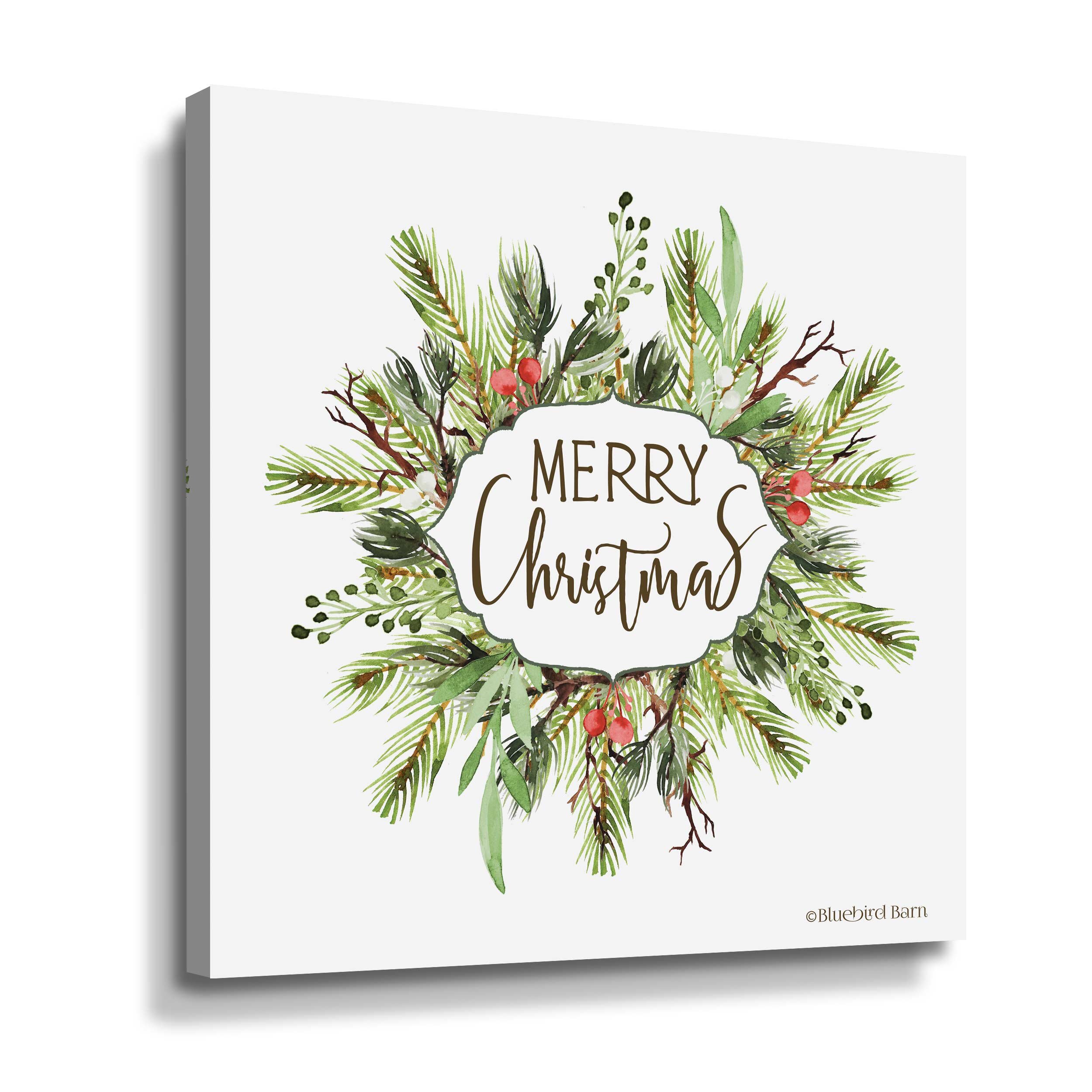 Merry Christmas Greenery I - Graphic Art Print on Canvas The Holiday Aisle Format: Wrapped Canvas, Size: 18'' H x 18'' W x 2'' D