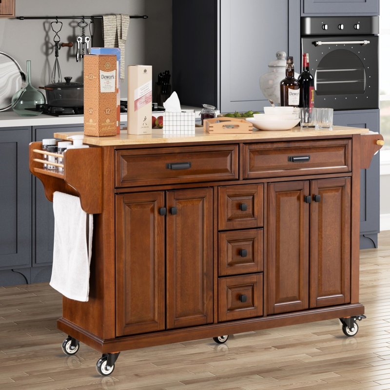 Kitchen Island With Rubber Wood Countertop, Kitchen Cart On 5 Wheels With Storage Cabinet And 5 Drawers For Dinning Room