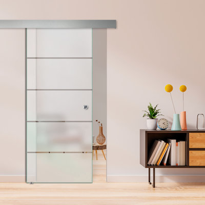 Porte coulissante de grange en verre sans cadre Froste 40 po x 80 po avec 4 bandes transparentes et poignée encastrée