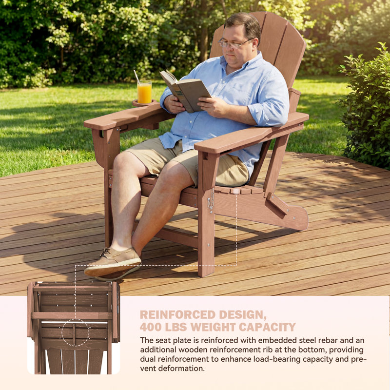 Set of 2 Adjustable Adirondack Chairs, 3-Level Wooden Textured HDPE Folding Chairs with Cup Holders for Outdoor Use at Beach, Patio, Garden, Backyard, and Campfire, Brown