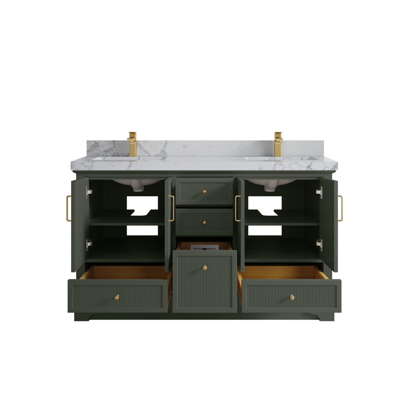 Meuble-lavabo double autoportant de 60 po avec plateau en quartz Alys (option poignées)