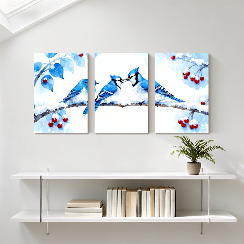Oiseaux bleus sur une branche enneigée avec baies, ensemble de 3 impressions sur toile, H 18 po x l 36 po