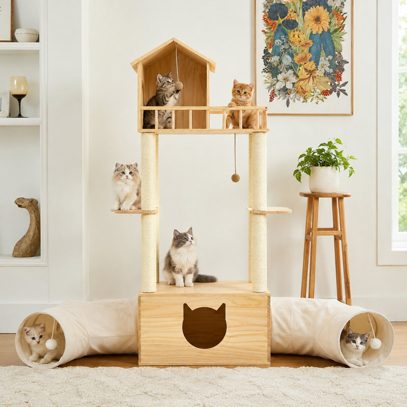 Arbre à chat Bianca en bois de 155 cm avec plateformes à plusieurs niveaux, 2 tunnels et poteaux à griffer inclus.