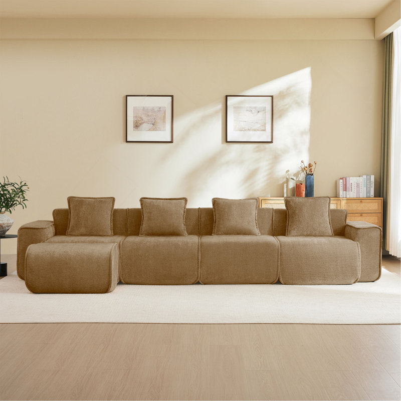 Canapé modulaire en L à 4 places avec passepoil à bordure française, sans assemblage requis, canapé à 4 places avec coussins décoratifs et 1 repose-pieds mobile, tissu de velours