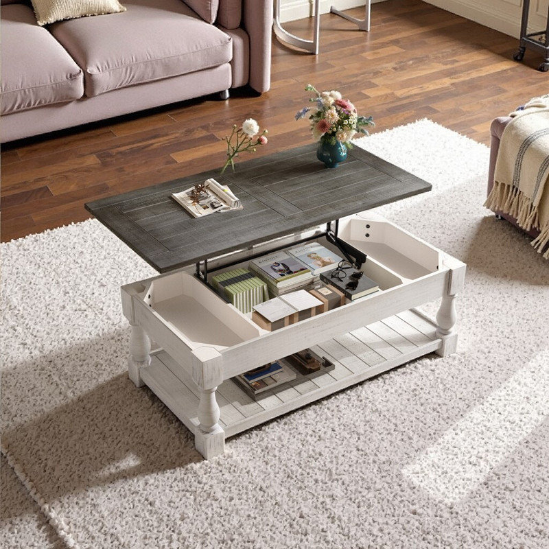Lift Top Coffee Table with Fixed Shelf, Solid Wood Splice Tabletop, 3 Hidden Storage Trays, Antique Gray & Weathered White Two-Tier Table for Living Room