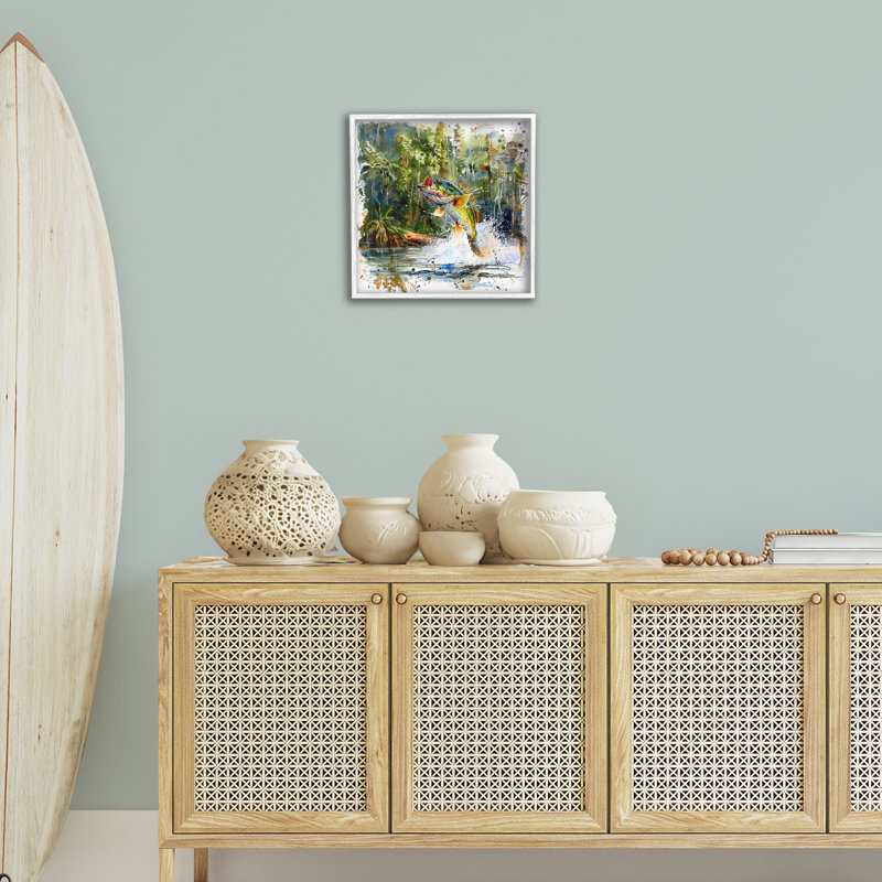Jumping Bass Splash Giclee Art by LSR Design Studio, 17'' H x 17'' W, Coastal White Framed Giclee