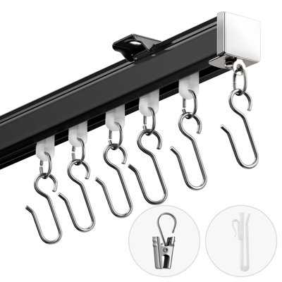 Birglinde Ceiling Curtain Track featuring Silent Strip, Adjustable Heavy-Duty Aluminum Rail for Wall/Ceiling Mount, Complete Set with 3 Types Hooks for Room Divider, Bedroom, RV, Black