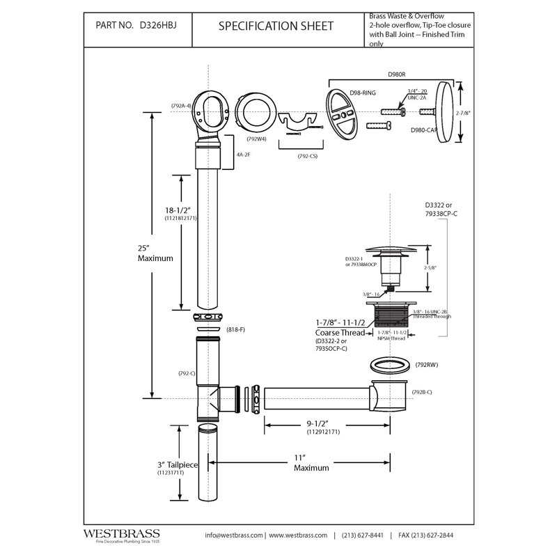 25" Tip-Toe Bathtub Leg Drain Assembly with No-Hole Overflow on Adjustable Ball Joint, Polished Chrome