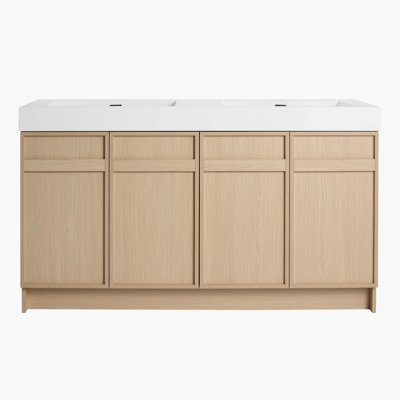 Meuble-lavabo autoportant 60 po avec double lavabo en résine blanche et 4 portes d'armoire à fermeture en douceur