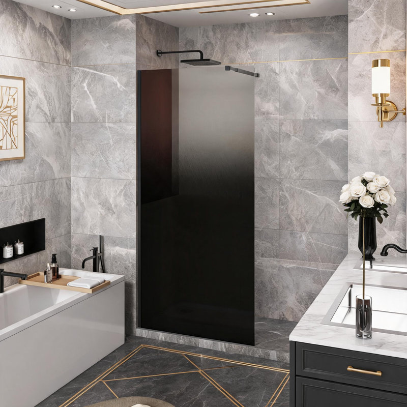 Porte de douche en verre trempé noir de 34 pouces avec tringle en acier inoxydable pour douche à l'italienne