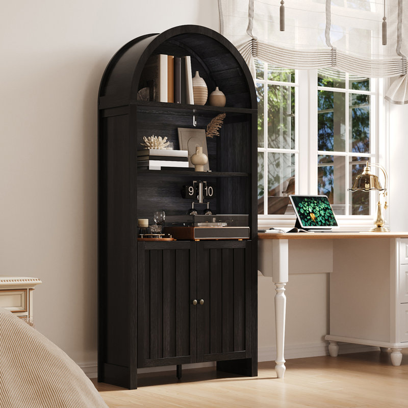 William 71" Tall Farmhouse Bookshelf with Arched Top & Storage Cabinet, Black