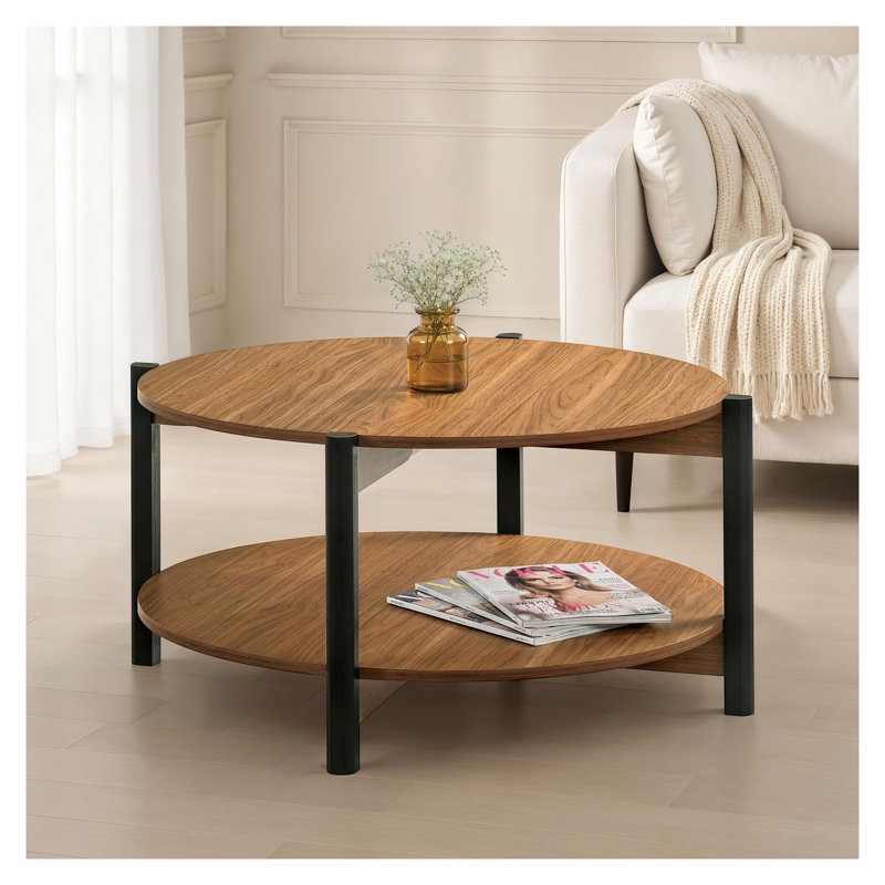 Table basse ronde en bois d'ingénierie finition noyer avec tablette ouverte - Mobilier de salon de style transitionnel