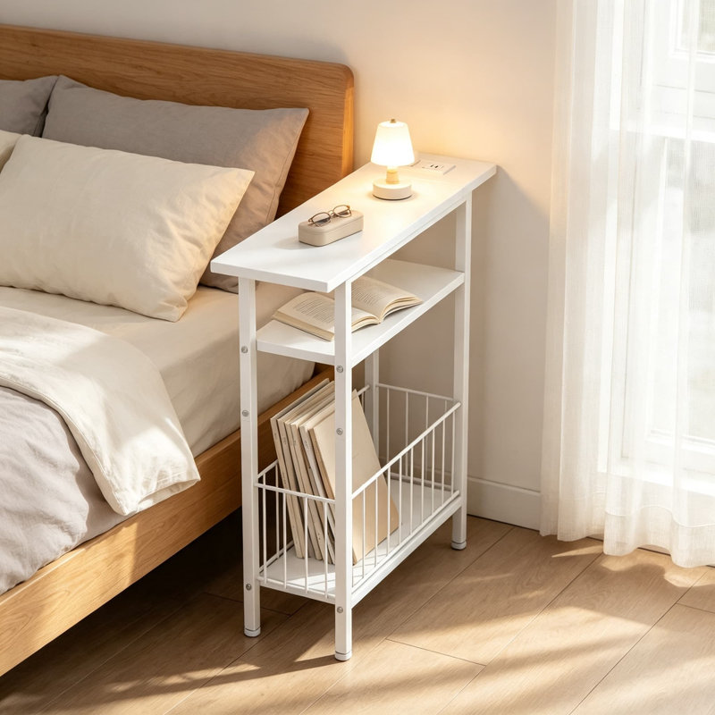 Table d'appoint étroite avec station de charge, table de bout Skinny pour canapé, table de chevet haute avec panier de rangement pour salon, chambre à coucher, petit espace, blanc