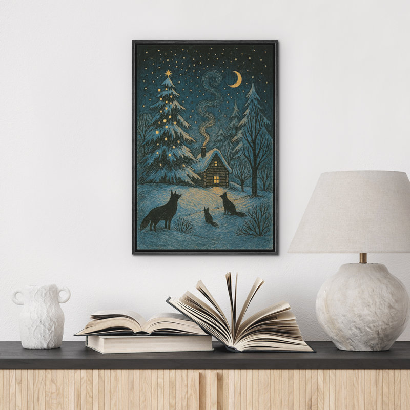 Hiver, art mural, impression sur toile encadrée, décoration de Noël, H 24 po x l 16 po, Noir