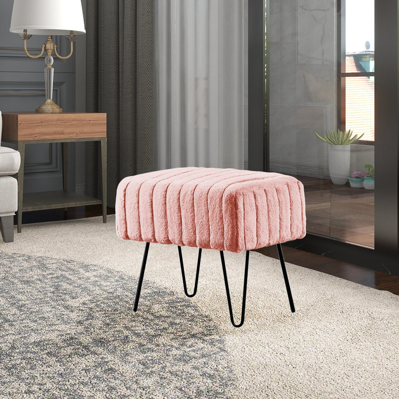 Defranco Upholstered Ottoman, Soft Pink Faux Fur