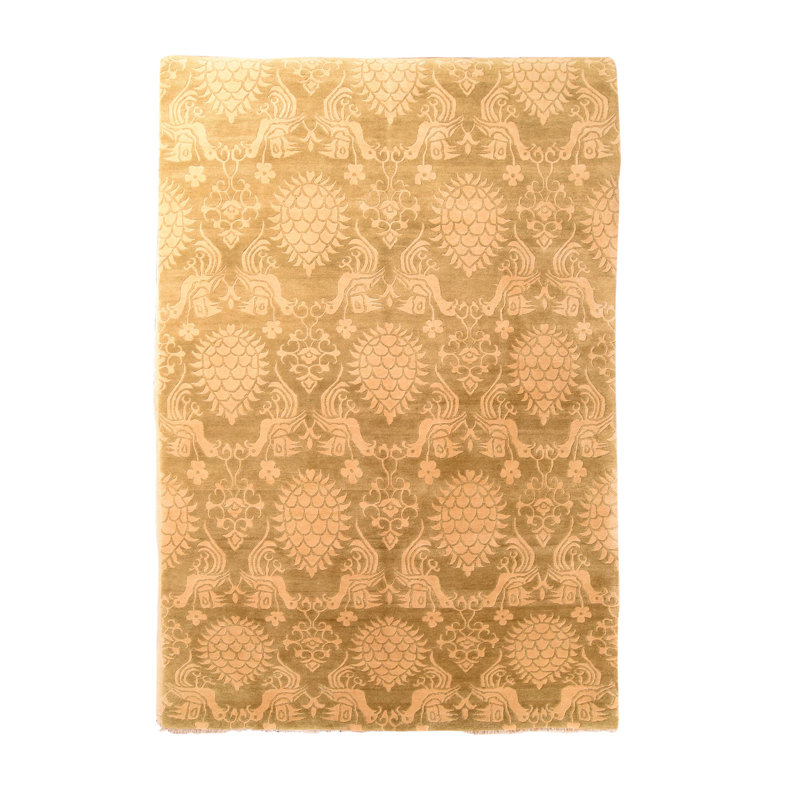 Tapis beige en laine noué à la main de conception unique 6 pi x 9 pi 3 po