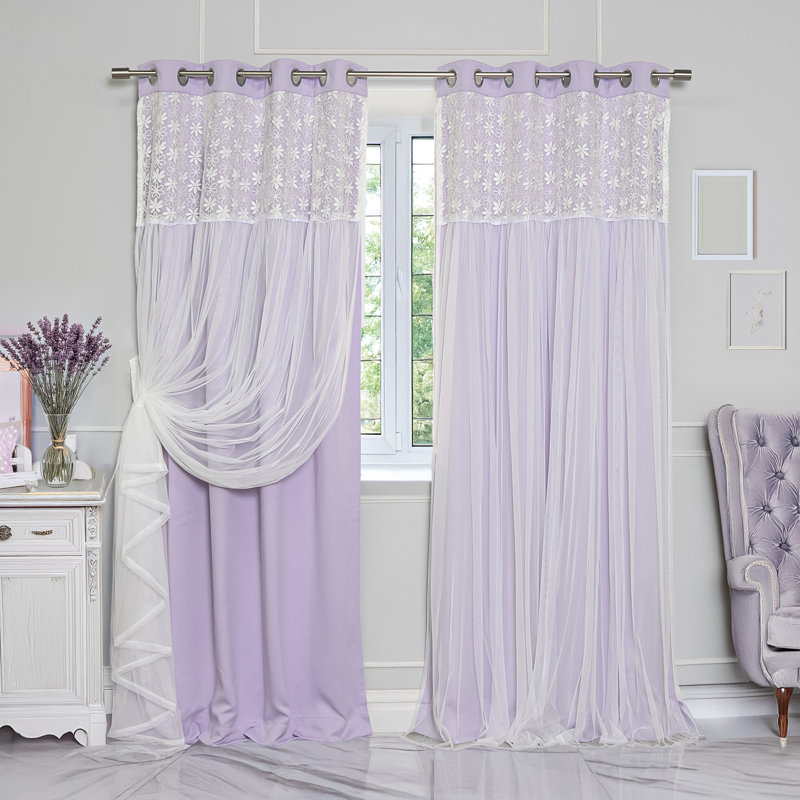 Everina Lace Overlay Nature Floral Room Darkening Thermal Grommet Curtain Panels, Lilac, 52" W x 84" L