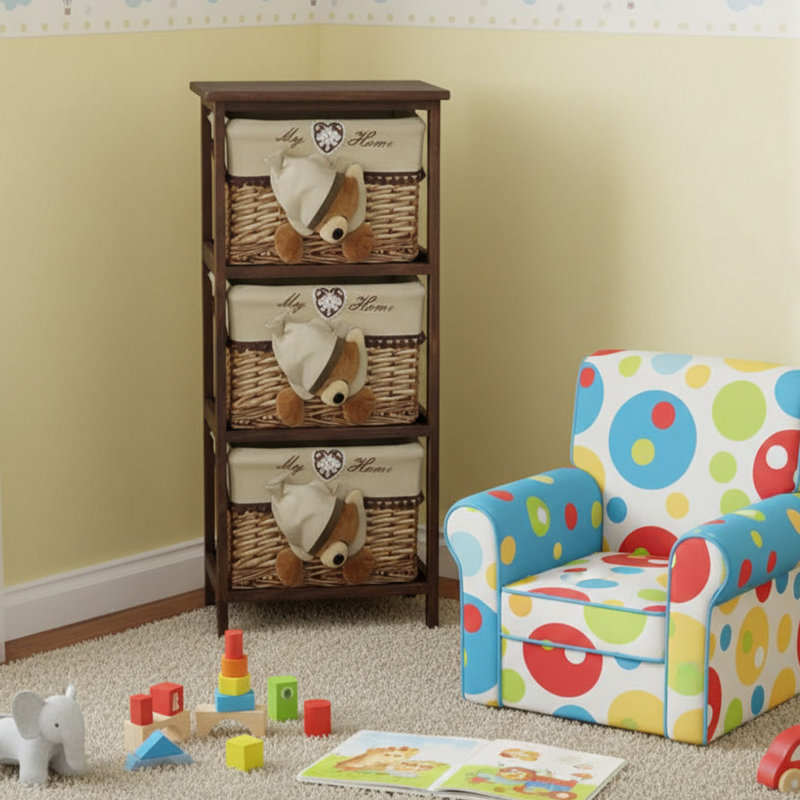 Jhavon 3-Drawer Wooden Cabinet with Wicker Storage Baskets and Brown Bear Design Christmas Gift