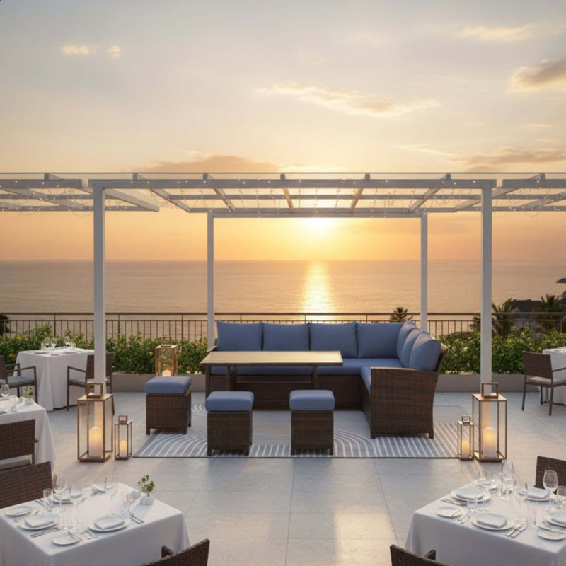 Ensemble de patio haut de gamme en osier de qualité supérieure avec sièges et table à manger modulaires, Bleu