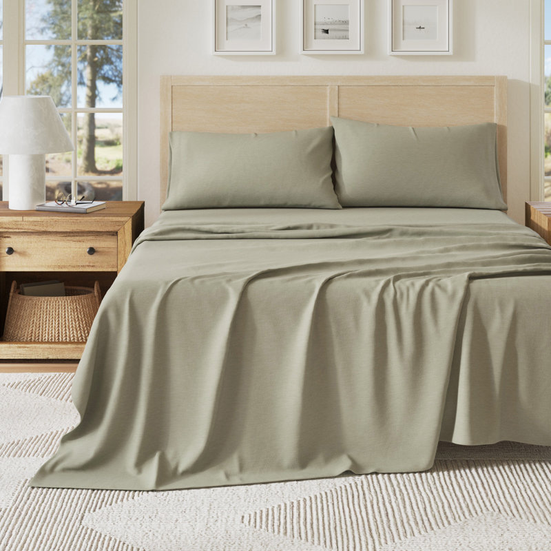 Ultra-Soft Cotton Heathered Melange Jersey Knit Sheet Set, Queen with 2 Pillowcases, Heathered Olive