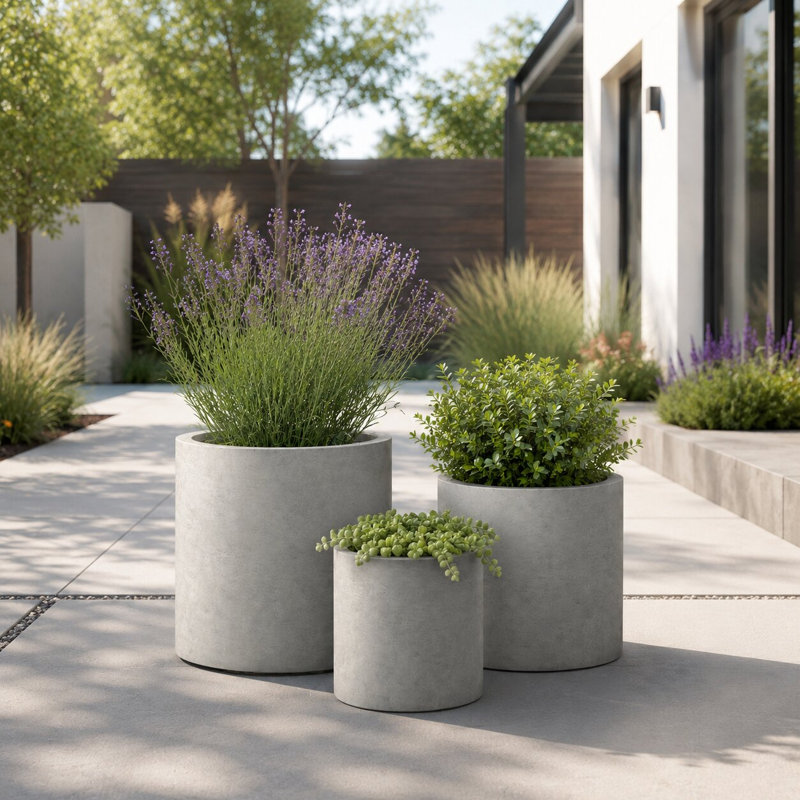 Kante 3 Piece 15.8", 12.9", and 9.8"H Cylindrical Weathered Finish Lightweight Concrete Modern Planters, Outdoor Indoor Decorative Plant Pots with Drainage Hole and Rubber Plug Set