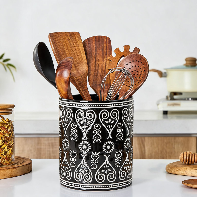 Très grand porte-ustensiles de cuisine pour comptoir, pot de céramique épais (noir)