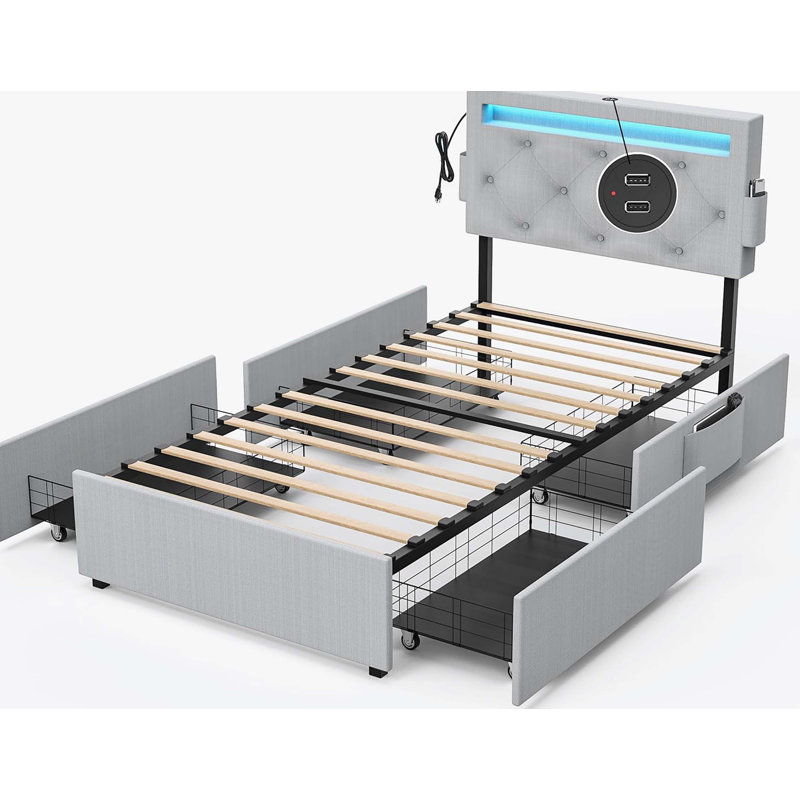 Structure de lit avec station de charge USB, lumières DEL et 4 tiroirs de rangement, Simple, Gris clair