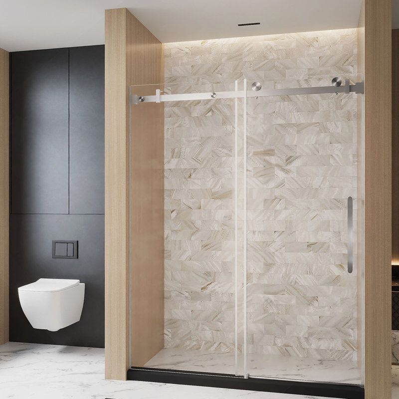 Frameless Single Sliding Shower Door  48 "W X 76" H, 1/4 "(6 Mm) Clear Tempered Glass, Explosion Proof Film, Stainless Steel Handle Square Tube Track  Brushed Nickel