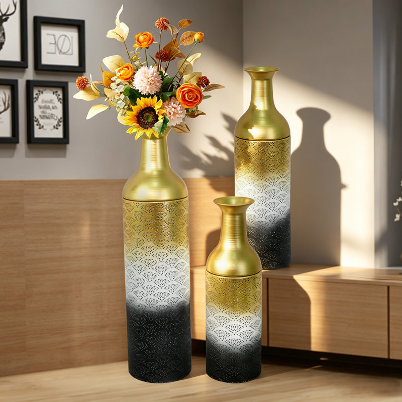 Vase de plancher décoratif en métal noir et blanc, Noir, blanc et dégradé or