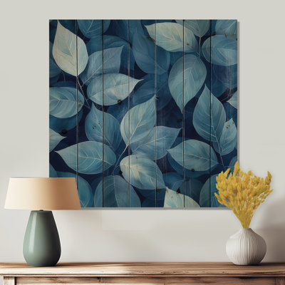 Minimalism Azure Leaves Harmony II - Leaves  Wood Wall Decor - On Natural Pine Wood