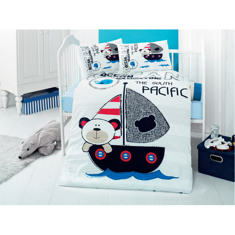 Ensemble de housse de couette 100% coton Ranforce Baby, housse de couette et drap plat 39,4 po x 59,1 po, 2 taies d'oreiller 13,8 po x 17,7 po | Blanc doux, élégant, bleu, rouge et gris | Lavable à la machine, 117 fils