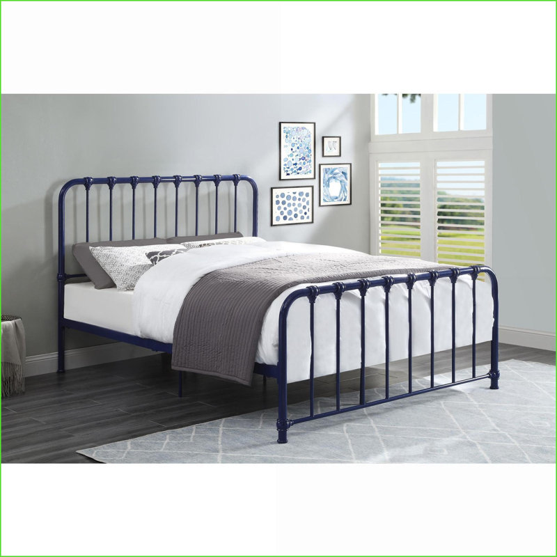 Base de lit plateforme double en métal - Finition bleue, aucun sommier nécessaire, livrée dans une seule boîte