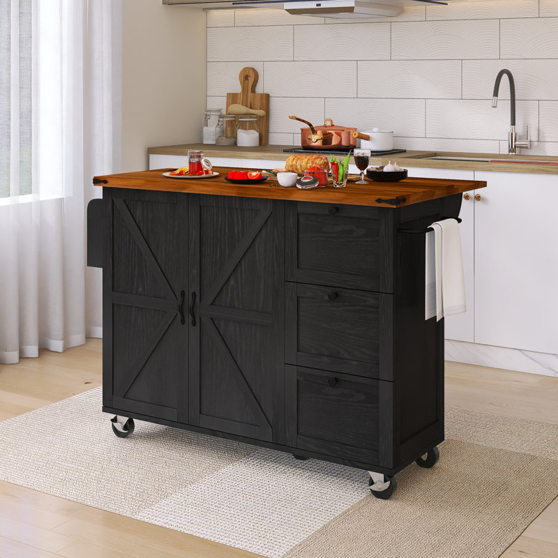 54.5" Drop-Leaf Countertop Kitchen Cart With Power Outlet And Spice Rack & Towel Rack, Black