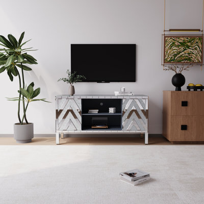 Mirrored Tv Stand For Tvs Up To 65", Silver Tv Console Table With Open Storage & 2 Storage Cabinets, V Shape Sparkling Mirror Doors