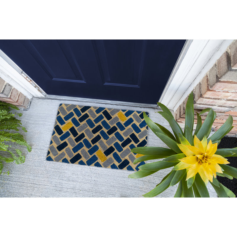 Geometric Blue and Yellow Coir Outdoor Doormat, 17" x 28"