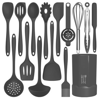 15 Pcs Silicone Cooking Utensil Set, Kitchen Utensils Set,  Gray