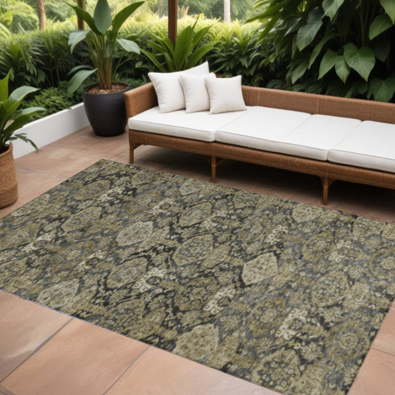 Tapis extérieur lavable damassé gris anthracite et beige 5 pi x 8 pi
