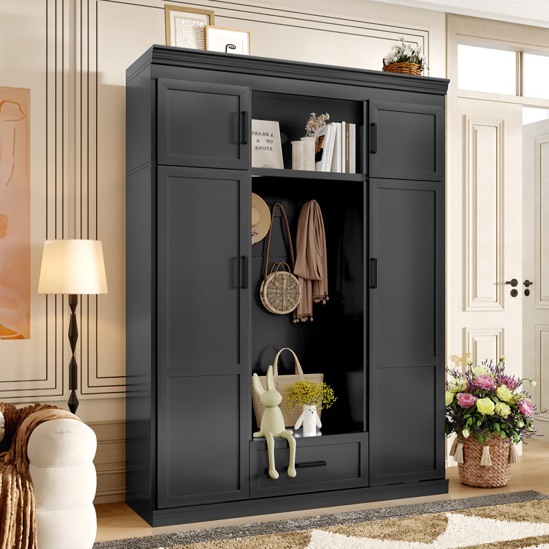 VIBE HAUS 85.2''H Hall Tree With Bench And 3 Hooks, Modern Entryway Storage Organizer Cabinet With 4 Doors, 1 Drawer And Adjustable Shelves For Hallway, Entryway, Living Room