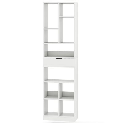 Étagère sur pied blanche à 7 niveaux avec tiroir, étagère de rangement haute pour salon, chambre et bureau, blanche