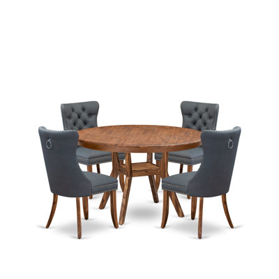 5-piece Dining Room set included a Kitchen Table and 4 Platinum Gray Polyester fabric Modern Dining Chairs with Button Tufted Back - Antique Walnut Finish