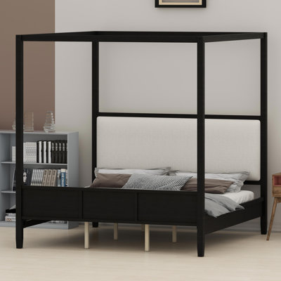 Classic Wooden Canopy Platform Bed with Soft Upholstery Headboard