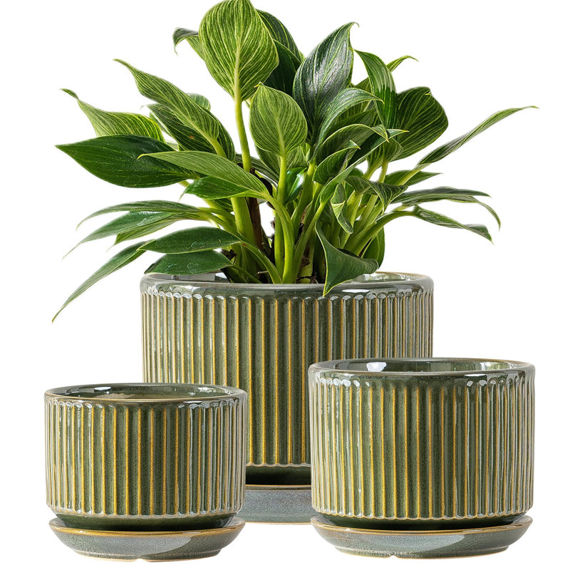 Ensemble de 3 pots de fleurs en céramique, pour l'intérieur et l'extérieur, avec trou de drainage et soucoupe., Light Green